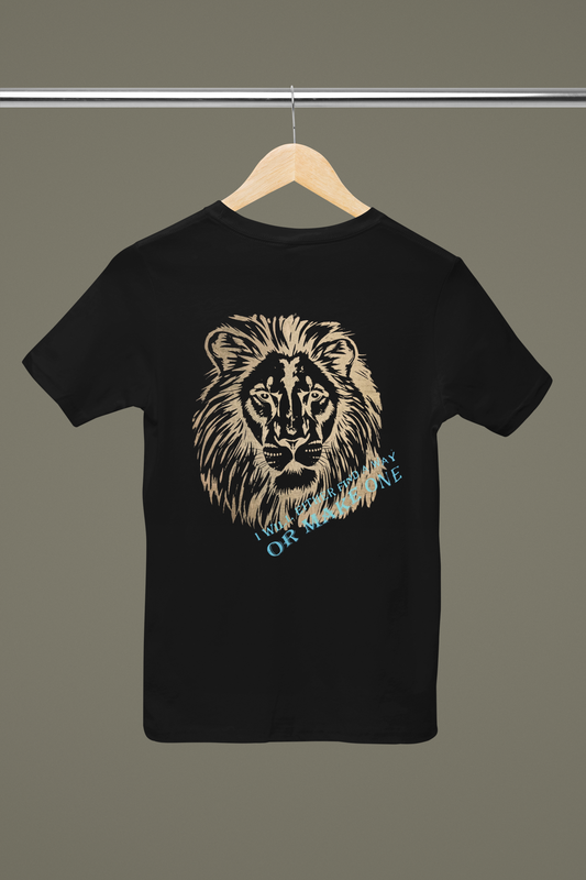 lion head t-shirt, black cotton animal graphic tee, bold lion face shirt, jungle king screen print tee, durable streetwear, strong leader apparel