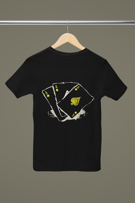 poker t-shirt for men, casino graphic tee, black and gold playing cards shirt, screen print gambler apparel, lucky streetwear, soft cotton betting tee