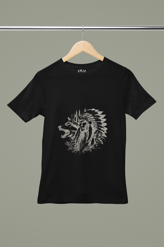 screen print t-shirt for men, black cotton tribal tee, warrior and wolf graphic shirt, native spirit apparel, durable screen printed tee, men's streetwear fashion, bold graphic t-shirt