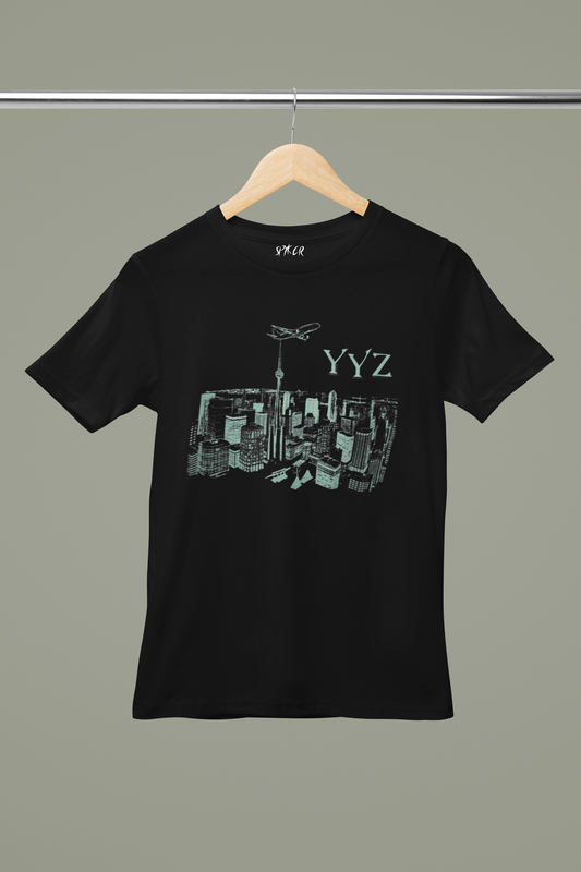 Toronto cityscape t-shirt, black YYZ graphic tee, screen print urban design shirt, aviation streetwear, travel-inspired fashion, men's soft cotton t-shirt