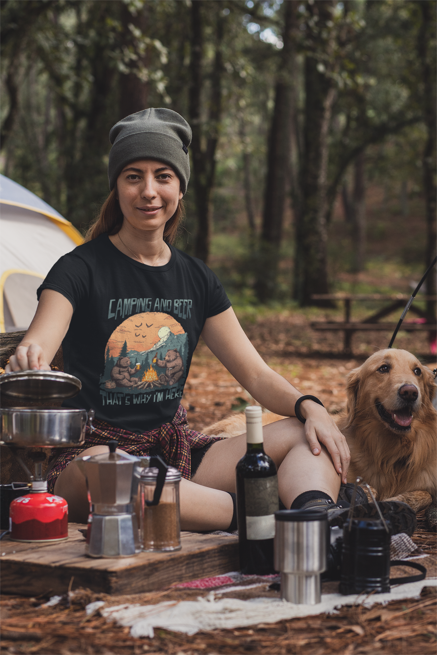 women's camping t-shirt, outdoor adventure tee, hiking and beer shirt, campfire graphic tee, nature lover t-shirt, camping outfit ideas, funny camping shirt, road trip clothing, comfy hiking tee, casual outdoor wear, black t-shirt