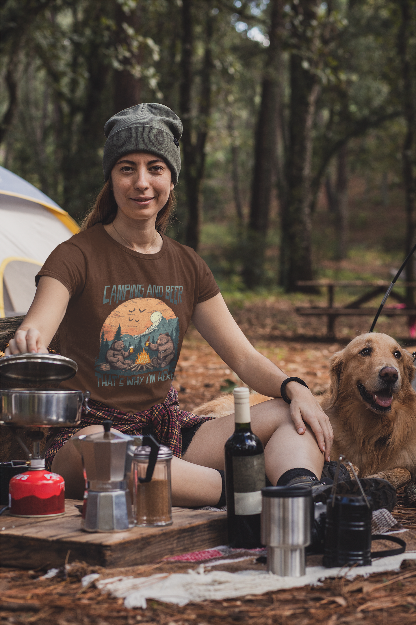 women's camping t-shirt, outdoor adventure tee, hiking and beer shirt, campfire graphic tee, nature lover t-shirt, camping outfit ideas, funny camping shirt, road trip clothing, comfy hiking tee, casual outdoor wear, brown tee, muddy brown t-shirt