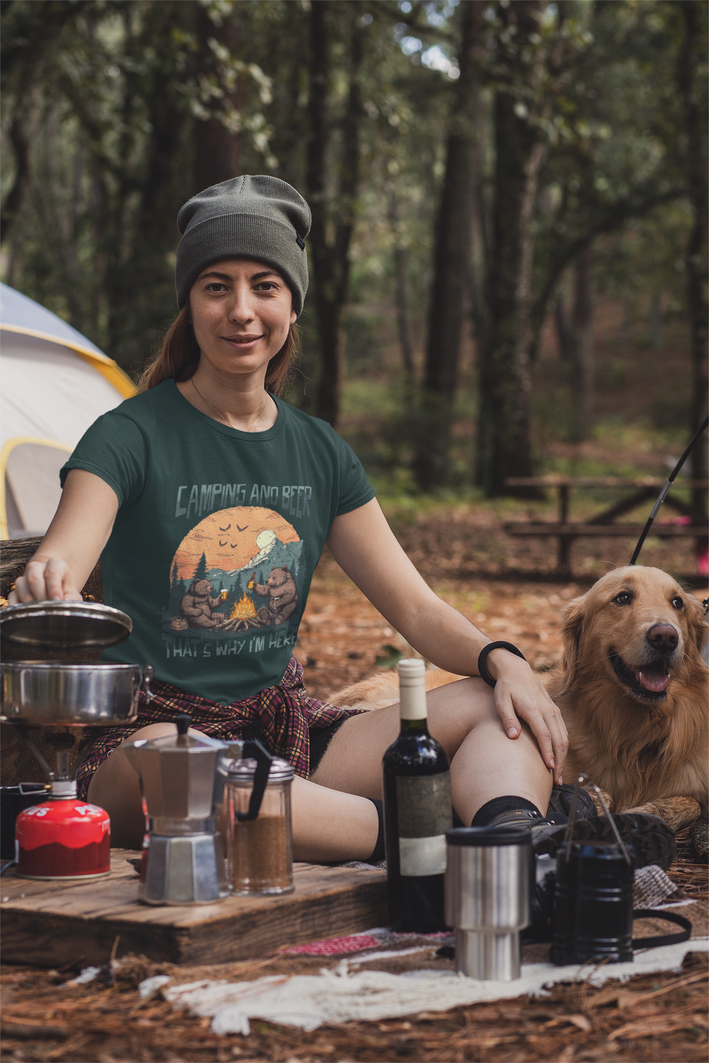 women's camping t-shirt, outdoor adventure tee, hiking and beer shirt, campfire graphic tee, nature lover t-shirt, camping outfit ideas, funny camping shirt, road trip clothing, comfy hiking tee, casual outdoor wear, Olive green, green tee, t-shirt