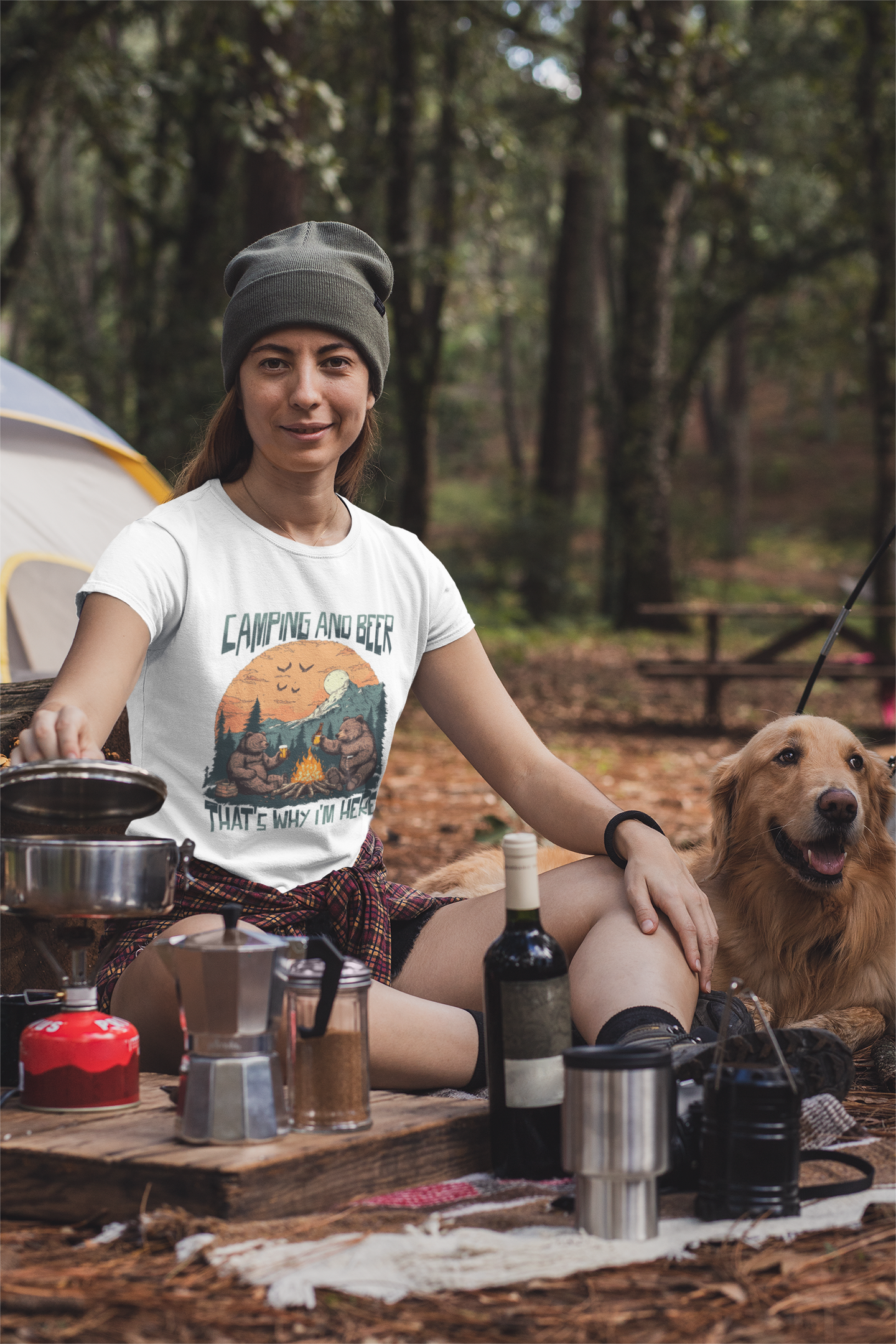 women's camping t-shirt, outdoor adventure tee, hiking and beer shirt, campfire graphic tee, nature lover t-shirt, camping outfit ideas, funny camping shirt, road trip clothing, comfy hiking tee, casual outdoor wear, white t-shirt, printed white t-shirt, white tee