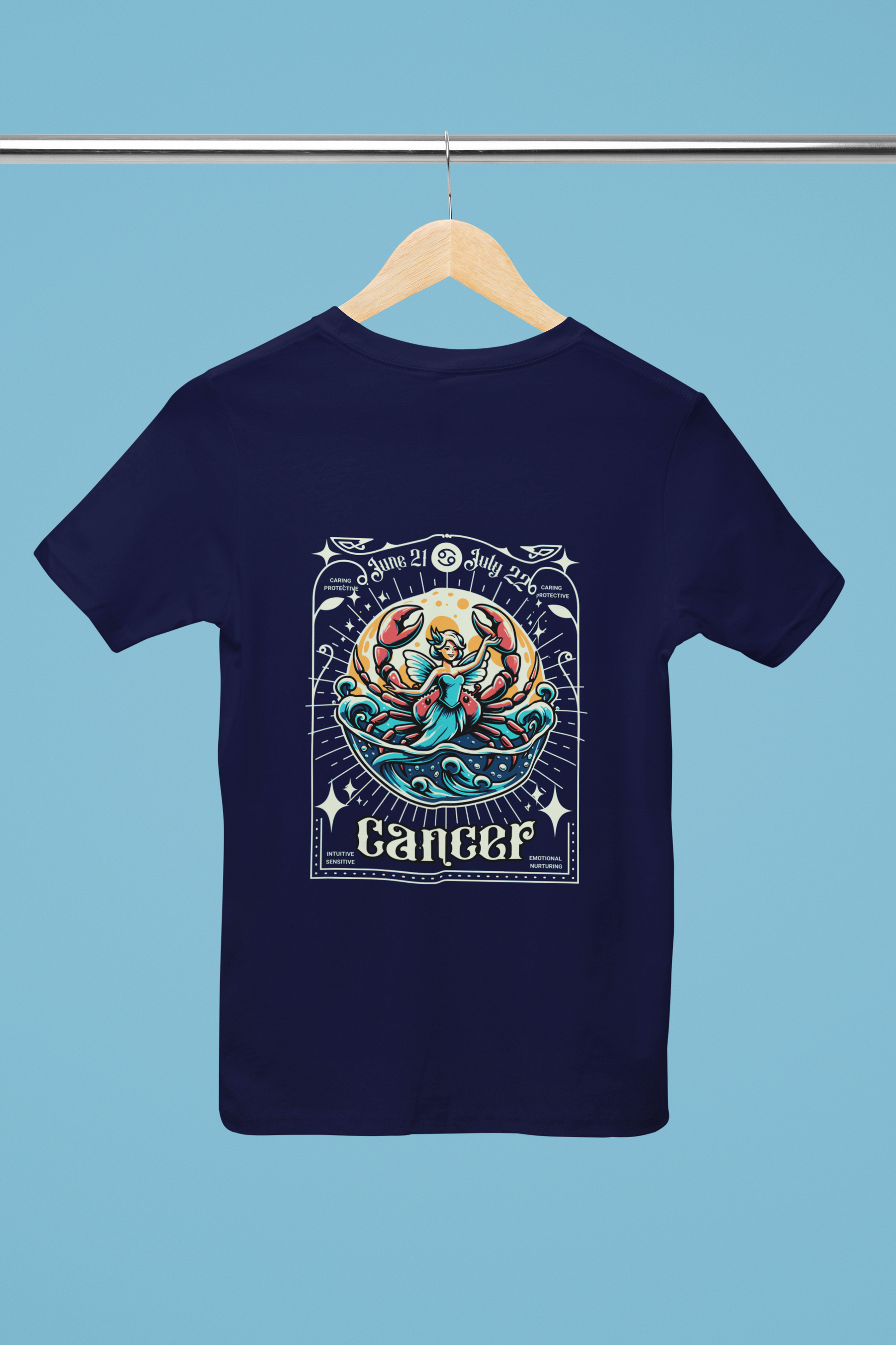 Cancer zodiac t-shirt, men's astrology apparel, navy blue horoscope tee, star sign clothing, celestial fashion, astrology gift idea, men's spiritual t-shirt, women's t-shirt water sign apparel, cosmic cotton tee, stylish zodiac shirt