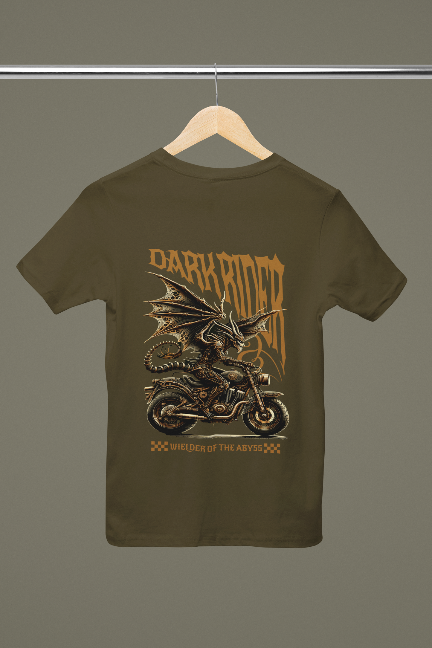 Dark Rider Men's T-Shirt – 100% Cotton Biker Tee featuring a dragon riding a motorcycle, perfect for motorcycle enthusiasts and streetwear lovers