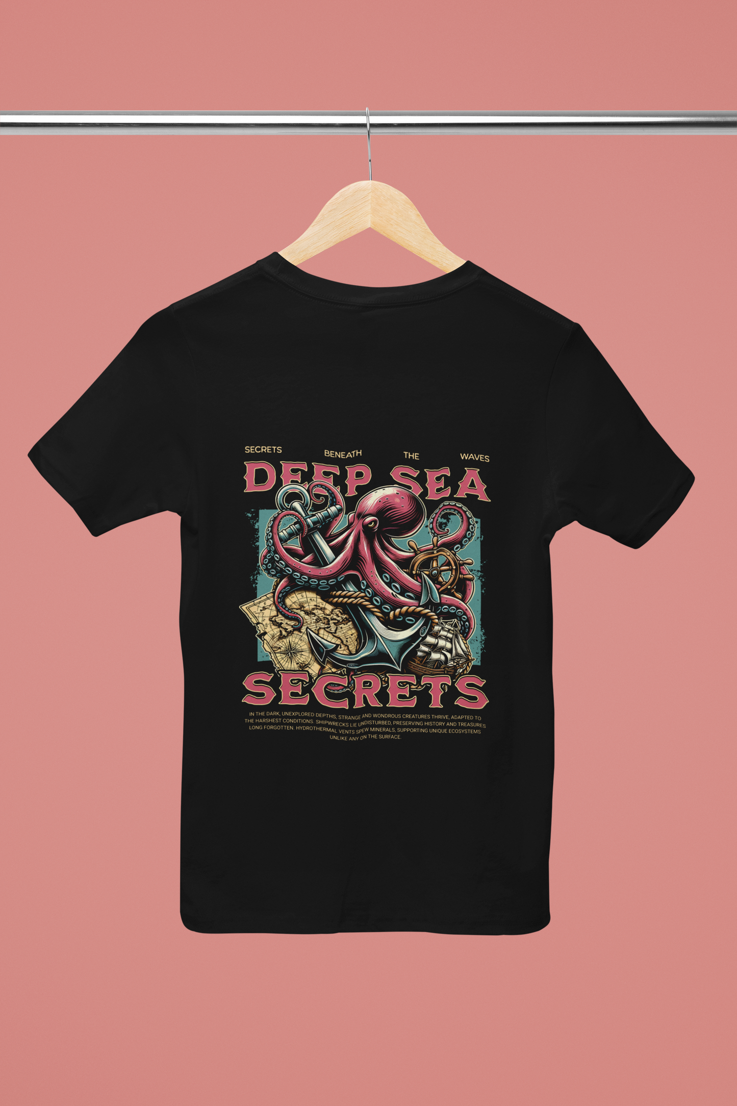 deep sea t-shirt, octopus graphic tee, marine life apparel, mythology t-shirt, black men's women's cotton tee, adventure clothing, nautical fashion, sea creature t-shirt, dark ocean design, stylish casual wear