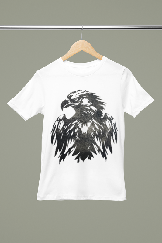 glitter eagle t-shirt, men's eagle graphic tee, bold wildlife design, screen print eagle shirt, stylish glitter t-shirt, white cotton t-shirt for men, nature-inspired fashion, shimmering eagle print