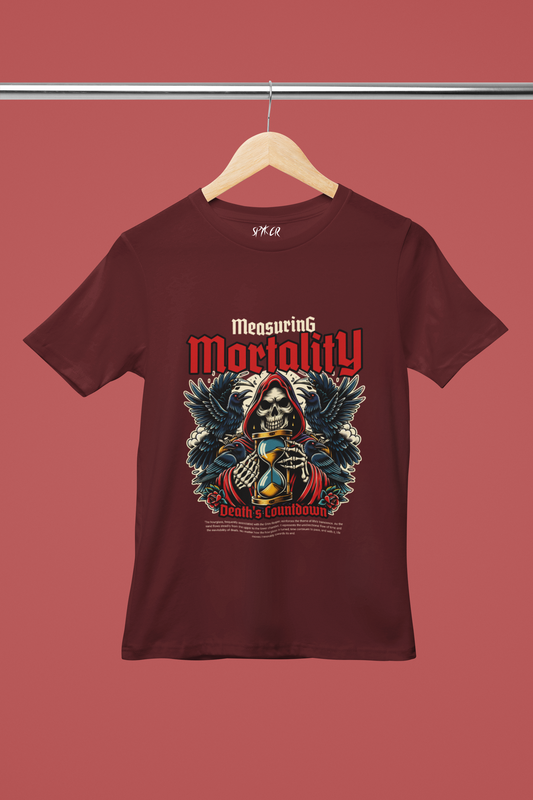 Measuring Mortality Men's T-Shirt – 100% Cotton Gothic Skull Graphic Tee with a dark and artistic design, ideal for rock and alternative fashion.