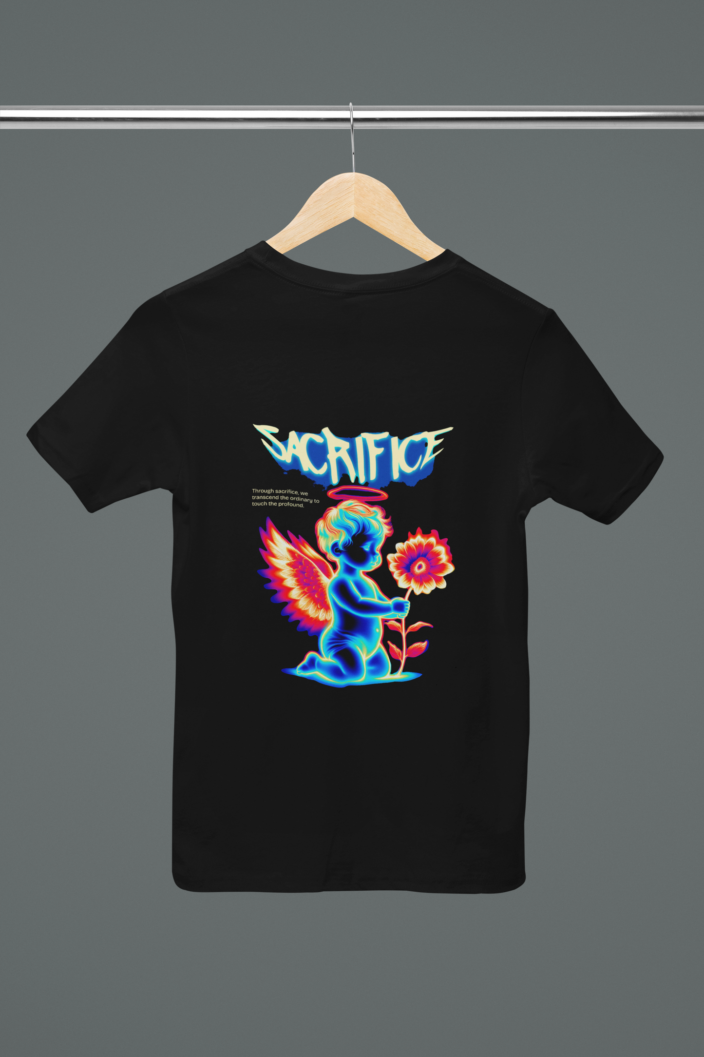 angel sacrifice t-shirt, divine strength tee, navy blue men's cotton shirt, faith-based apparel, spiritual warrior clothing, religious graphic t-shirt, celestial angel design, meaningful fashion, motivational spiritual tee, women's t-shirt