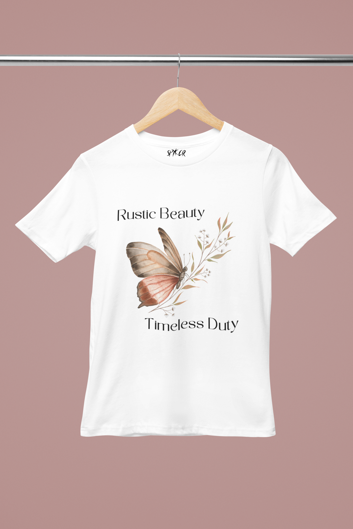 Rustic Beauty Women's V-Neck T-Shirt – 100% Cotton Minimalist Butterfly Graphic Tee with a soft pink color, perfect for casual and boho fashion lovers