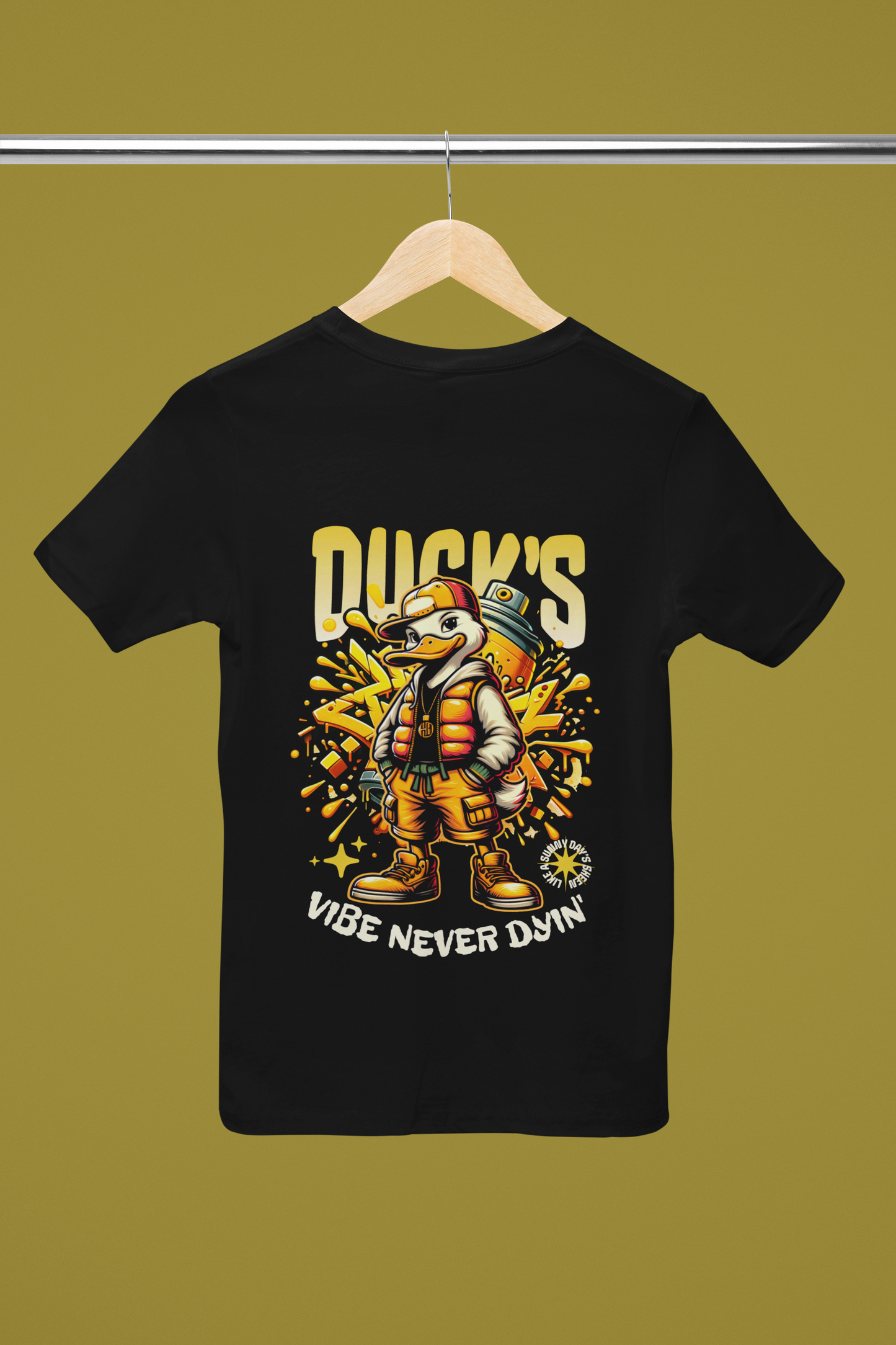 Vibe Never Down Men's T-Shirt – 100% Cotton Urban Streetwear Graphic Tee featuring a bold duck graffiti design, perfect for skaters and street culture