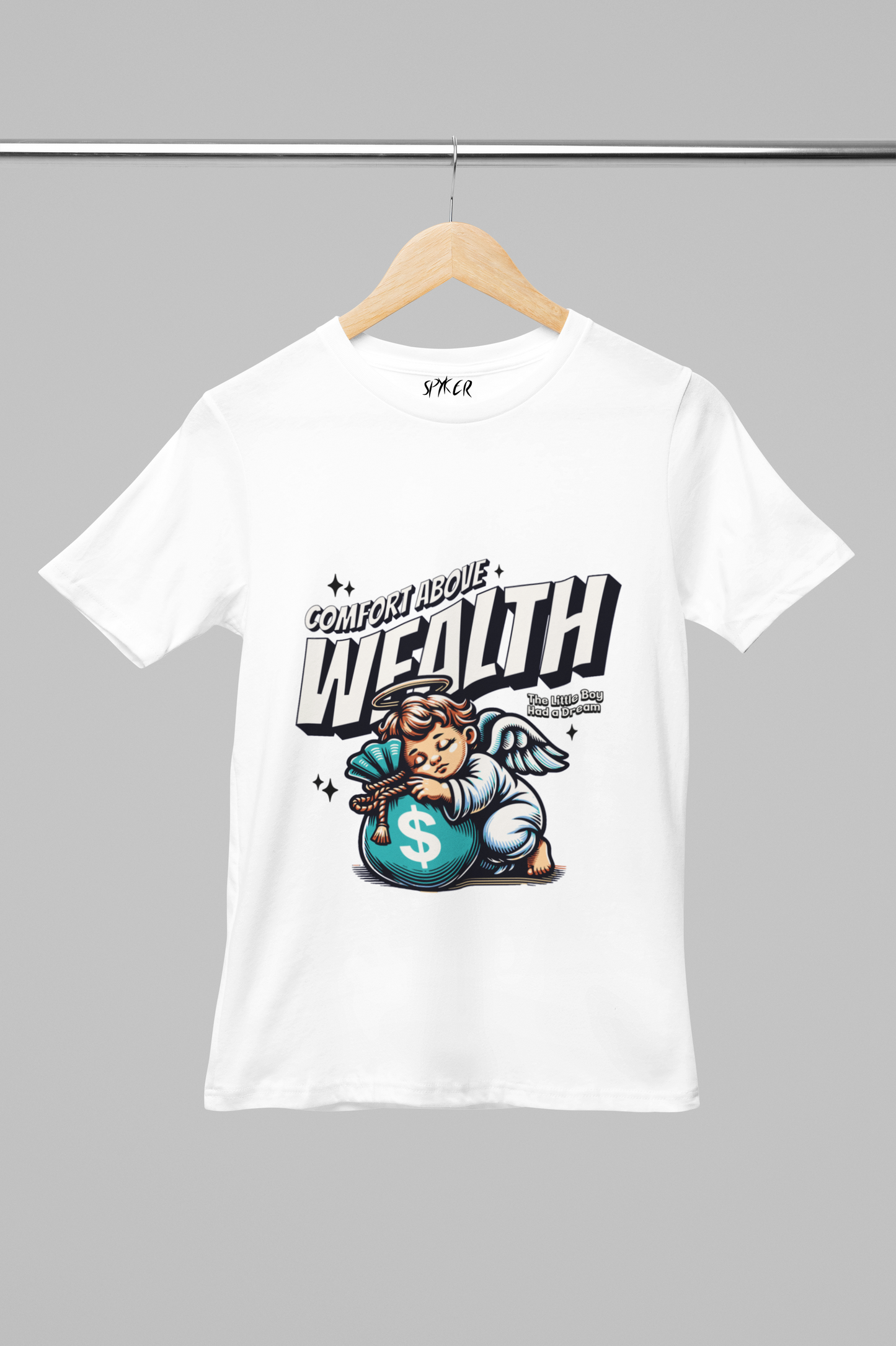 wealth angel t-shirt, prosperity graphic tee, green men's t-shirt, financial success apparel, entrepreneur clothing, motivational t-shirt, angel money bag shirt, streetwear fashion, luxury mindset t-shirt, unique graphic tee womens tee